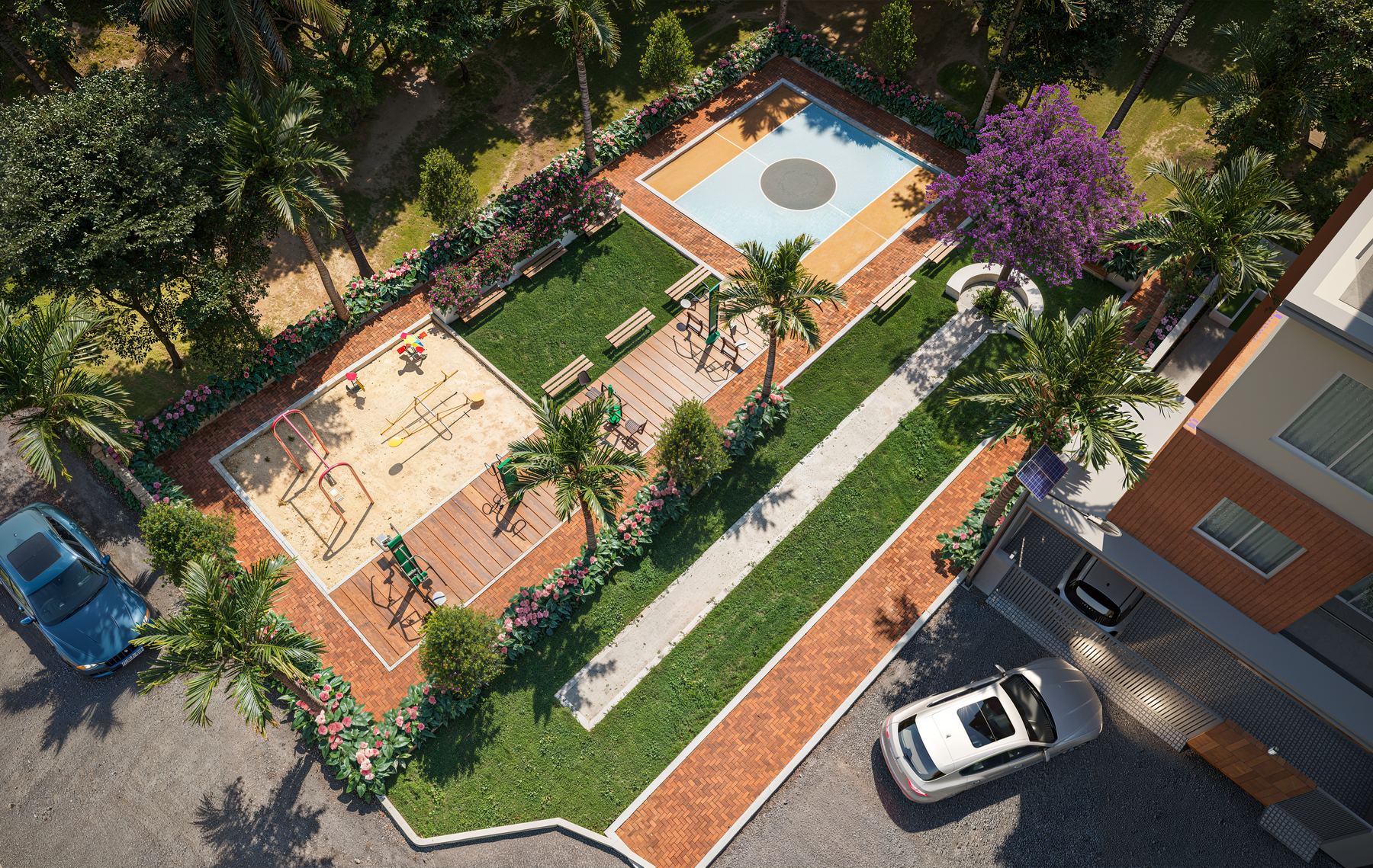 The shared park from above: a swimming pool, a children's play area on sand, a lawn and a timber deck.