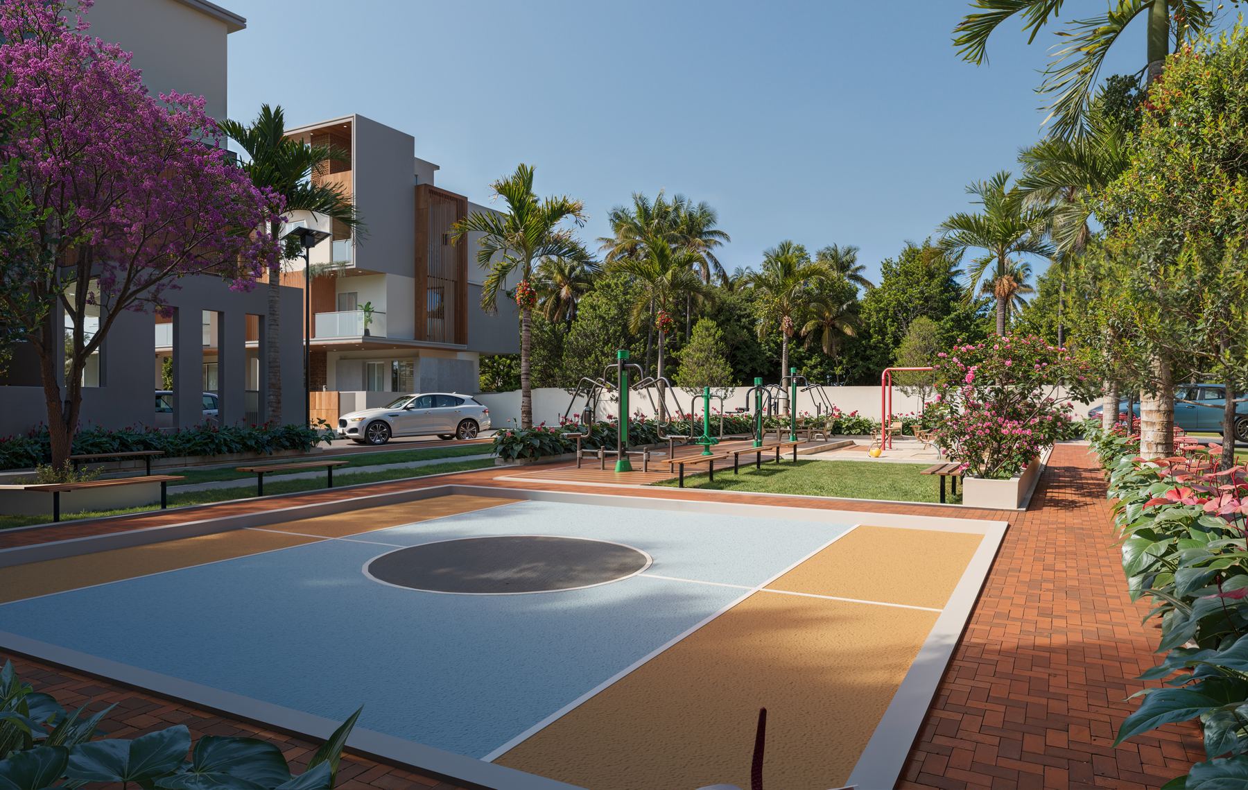 The children's play area and seating deck among planting.