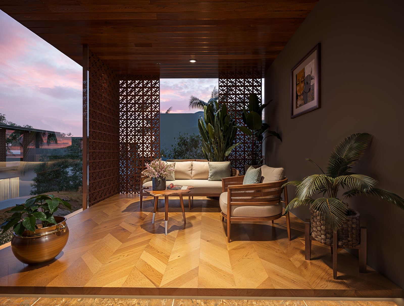A timber-lined ceiling above the terrace lounge.